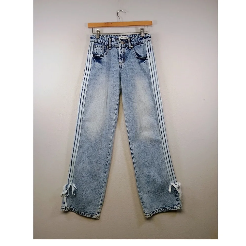 Y2K Streetwear Love Soho Womens 00 Blue Acid Wash Side Stripe‎ Ribbon Tie Jeans